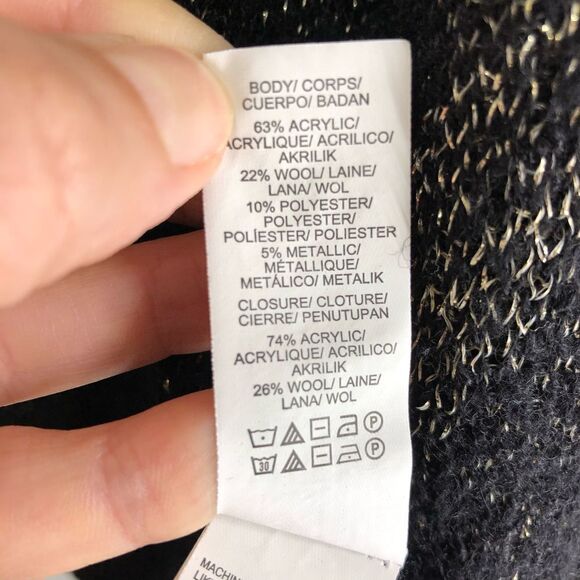 Lucky BRAND Wool Blend Black Open Cardigan Metallic‎ Gold Leaf Motif Sz S - Picture 10 of 10